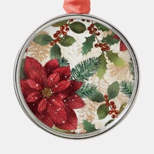 Adorno Metálico Retro 50s Flor de Nochebuena Rojo Verde Crema
