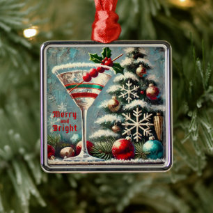 Adorno Metálico Retro Martini de Navidad de Arándano y Copo de Nie