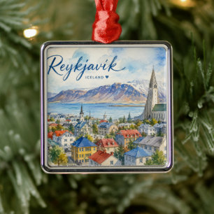 Adorno Metálico Reykjavik Islandia recuerdo acuarela 