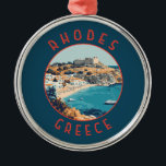 Adorno Metálico Rhodes Grecia Círculo de angustia retro<br><div class="desc">Rhodes retro diseño de viajes vectoriales. Rodas,  la mayor de las islas dodecanas de Grecia,  es conocida por sus complejos de playa y sus ruinas antiguas.</div>