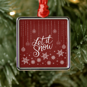 Adorno Metálico Rojo Moderno, Copos de Nieve Navideños Plateados