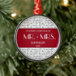 Adorno Metálico Rojo Nuestra Primera Navidad Sr. y Sra. Personaliz<br><div class="desc">Con una tipografía moderna de la palabra "Amor", personaliza este diseño de moda con el apellido del nuevo Sr. y Sra. para su primera Navidad. Palabras que dicen "nuestra primera Navidad como Sr. Y la señora" se puede encontrar con el año. Algo que se debe apreciar como un aguijón en...</div>