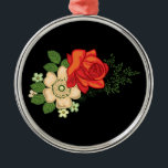 Adorno Metálico Rosa roja y fondo negro marrón<br><div class="desc">Hermoso y colorido ramo de flores,  rosa roja y margaritas blancas sobre fondo negro.</div>