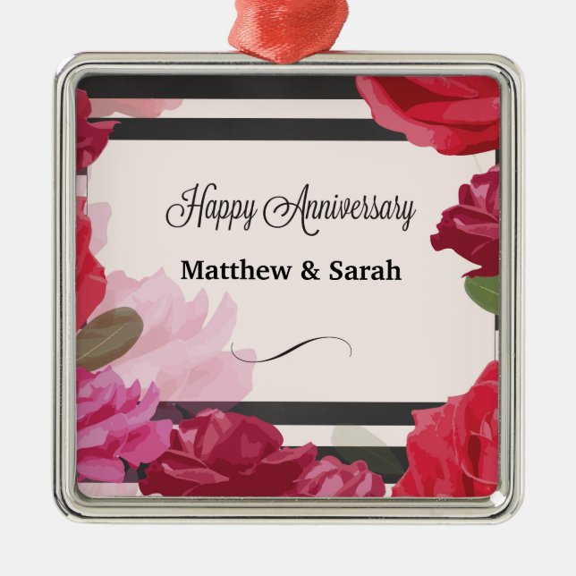 Adorno Metálico Rosas de Aniversario boda, franjas, nombres person (Frente)