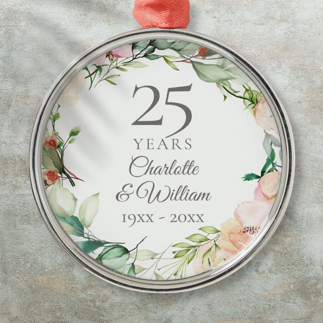 Adorno Metálico rosas del 25° Aniversario Boda Floral Garland (25th Wedding Anniversary Roses Floral Garland Metal Ornament)