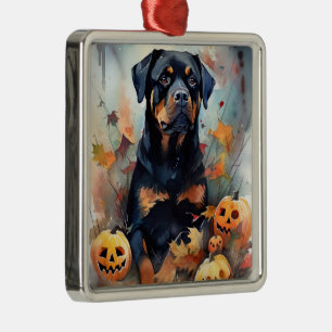 Adorno Metálico Rottweiler de Halloween con calabazas aterradoras