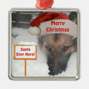 Adorno Metálico Rótulo Ornament German Shepherd Santa Stop Here