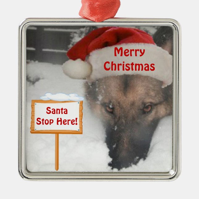 Adorno Metálico Rótulo Ornament German Shepherd Santa Stop Here (Frente)