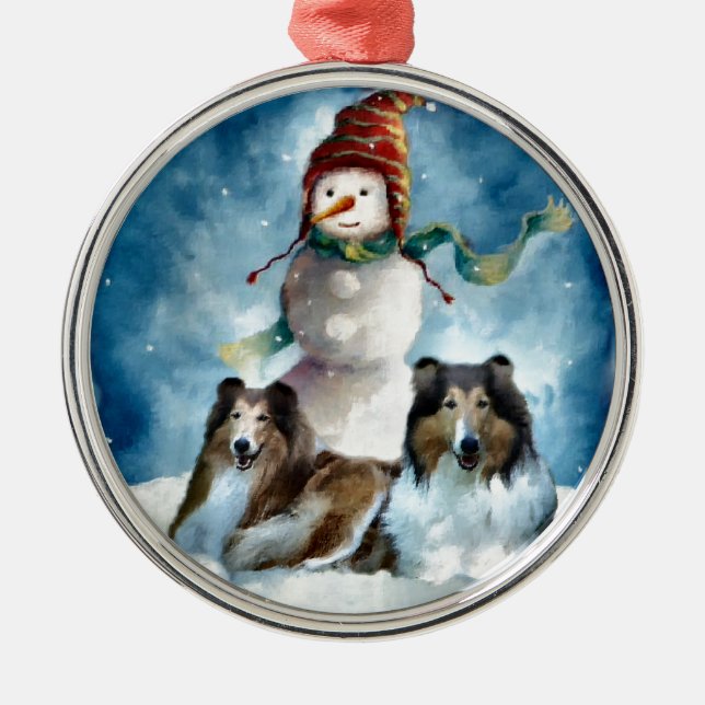 Adorno Metálico Rough Collie con Navidades Snowman (Frente)