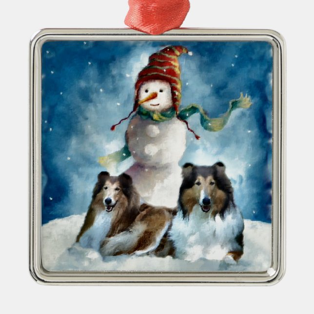 Adorno Metálico Rough Collie con Navidades Snowman (Frente)
