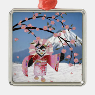 Adorno Metálico Sakura Geisha Pájaro en la Nieve Flor de Cerezo