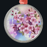 Adorno Metálico Sakura rosa sobre fondo de pintura<br><div class="desc">Dibujado artísticamente,  rama de rosa,  flores de cerezo sobre fondo pintoresco,  texturizado,  pintado con pintura blanca,  rosa y azul. Pink Sakura</div>