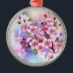 Adorno Metálico Sakura rosa sobre fondo de pintura<br><div class="desc">Dibujado artísticamente,  rama de rosa,  flores de cerezo sobre fondo pintoresco,  texturizado,  pintado con pintura blanca,  rosa y azul. Pink Sakura</div>