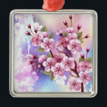 Adorno Metálico Sakura rosa sobre fondo de pintura<br><div class="desc">Dibujado artísticamente,  rama de rosa,  flores de cerezo sobre fondo pintoresco,  texturizado,  pintado con pintura blanca,  rosa y azul. Pink Sakura</div>
