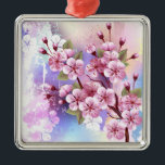 Adorno Metálico Sakura rosa sobre fondo de pintura<br><div class="desc">Dibujado artísticamente,  rama de rosa,  flores de cerezo sobre fondo pintoresco,  texturizado,  pintado con pintura blanca,  rosa y azul. Pink Sakura</div>