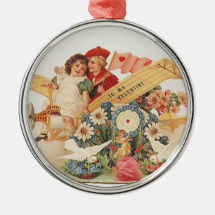 Adorno Metálico San Valentín Victoriano Antiguo, Niños en Avión