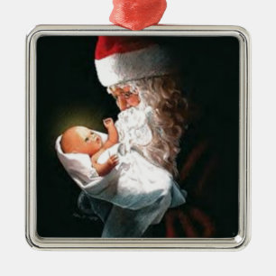Adorno Metálico Santa Claus sosteniendo al niño Jesús