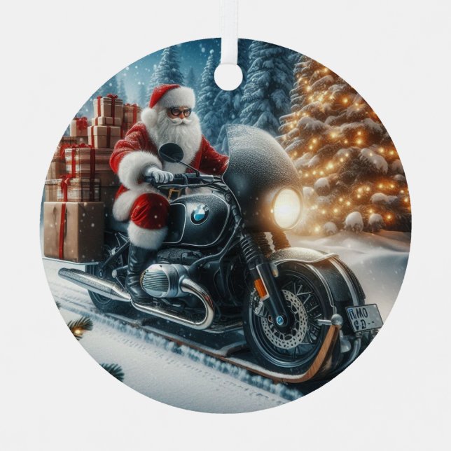 Adorno Metálico Santa Claus Viajando En Motocicleta BMW (Anverso)