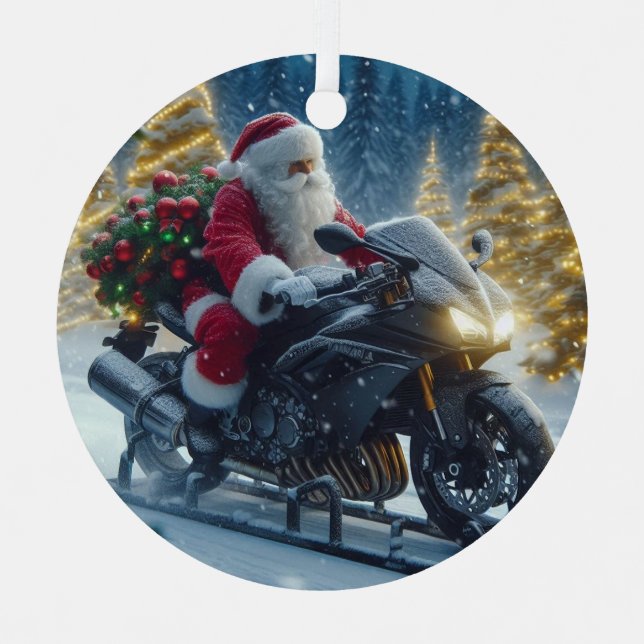 Adorno Metálico Santa Claus Viajando En Motocicleta Yamaha (Anverso)