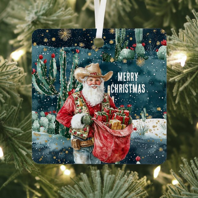 Adorno Metálico Santa Claus Western Cowboy Christmas (in situ)