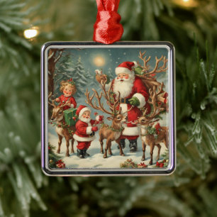 Adorno Metálico Santa con niños, renos y regalos