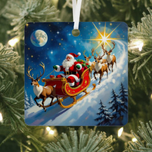 Adorno Metálico Santa en Trineo de Acuarela Navidad Personalizada