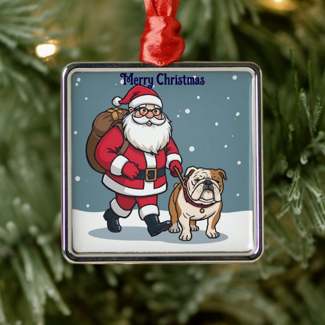 Adorno Metálico Santa walking a bulldog Christmas holiday Ornament (Árbol)
