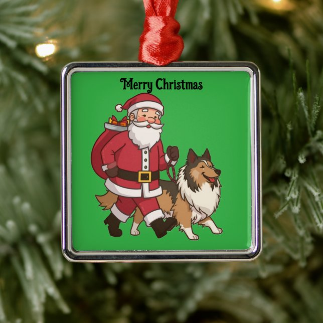 Adorno Metálico Santa walking a Collie dog Christmas Ornament (Árbol)