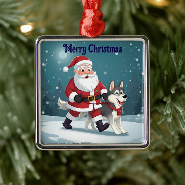 Adorno Metálico Santa walking a Husky Christmas Ornament (Árbol)