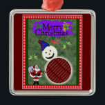 Adorno Metálico Santa y Snowman añaden sus fotos navideñas<br><div class="desc">Diseño de Santa y Snowman para añadir Navidades de fotos. Un bonito Santa parado al lado de un muñeco de nieve. La parte inferior del muñeco de nieve es un lugar donde agregar tu propia foto. Mantén tu imagen debajo del diseño Navidad del hombre de nieve. Como se muestra. Rellene...</div>