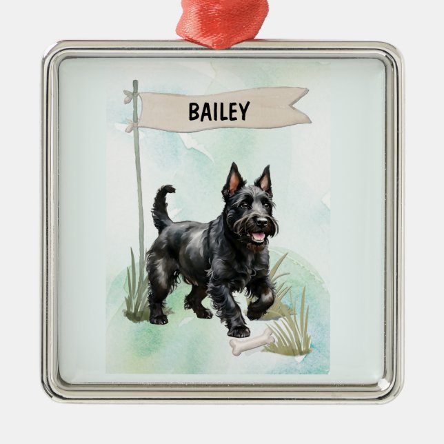 Adorno Metálico Scottish Terrier Watercolor Personalized Dog (Frente)