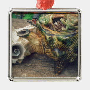 Adorno Metálico Seashell Tea Kettle plantado con suculentos