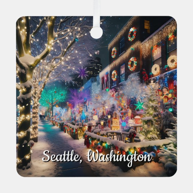Adorno Metálico Seattle, Washington en tiempo de Navidades (Anverso)