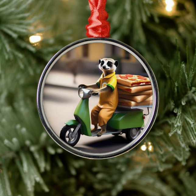 Adorno Metálico Servicio rápido: Meerkat entrega pizza en tuk-tuk (Árbol)