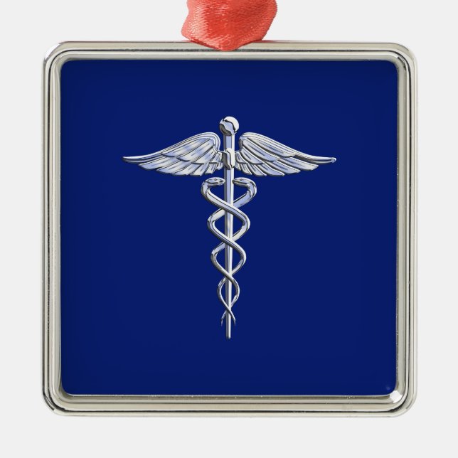 Adorno Metálico Símbolo médico cromado estilo Caduceus sobre azul  (Frente)