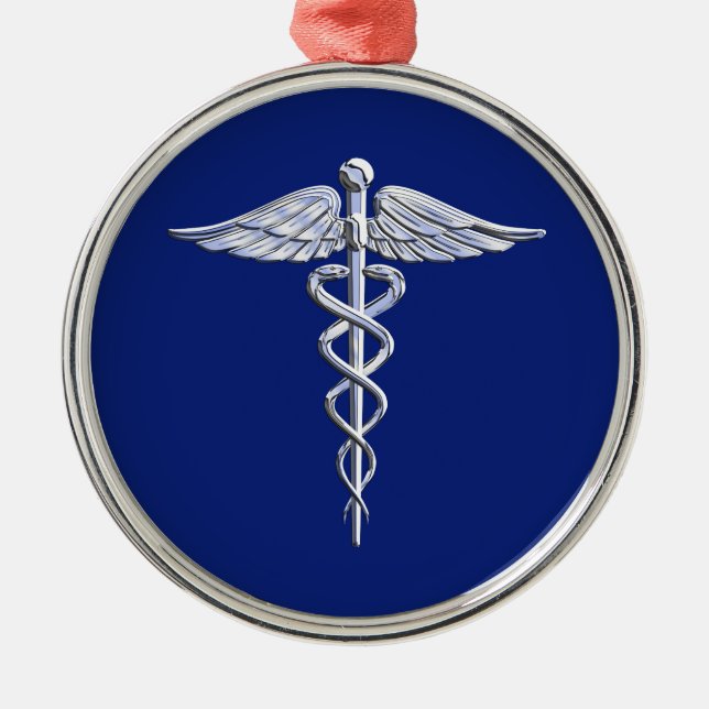 Adorno Metálico Símbolo médico cromado estilo Caduceus sobre azul  (Frente)