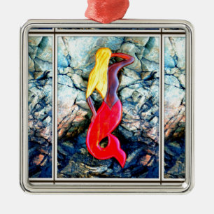 Adorno Metálico sirena rubia en granito rojo