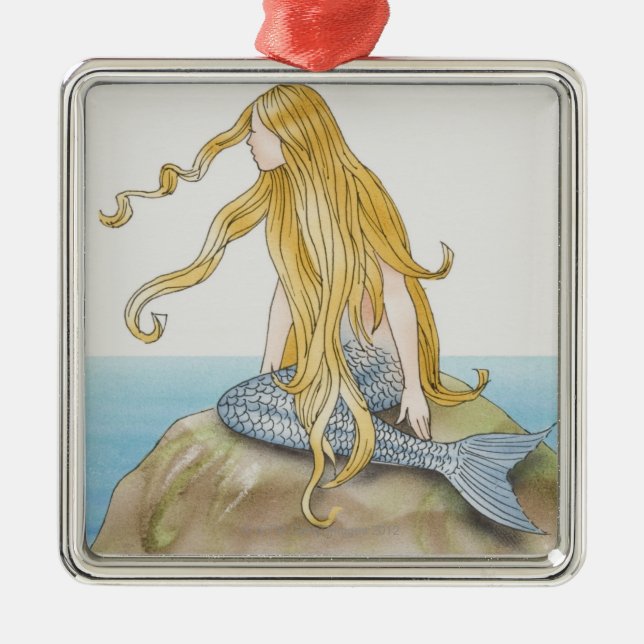 Adorno Metálico Sirena rubia que se sienta en la roca del mar, (Frente)