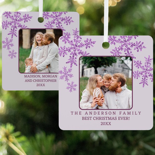 Adorno Metálico Snowflake Purple Glam Elegant 2 Navidades de fotog (This 2 photo Christmas ornament allows for separate photos and text on each side for custom gifts)