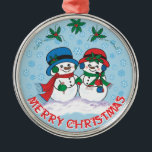 Adorno Metálico Snowman<br><div class="desc">Personalice este singular ornamento navideño "Uno de los dos"! Cuenta Con El Sr. Y la Sra. Frosty El Hombre de Nieve Dando un paseo mágico por un "Snowy Winter Wonderland"! Pintura original Bella Artes del artista Kerry Miller.</div>