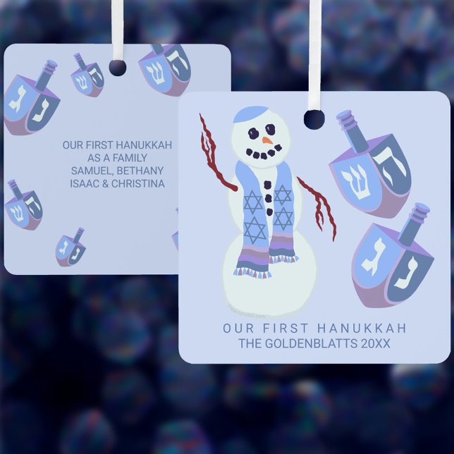 Adorno Metálico Snowman Dreidels Cute Doble Lado Hanukkah (Add your custom text to both sides of these cute Hanukkah ornaments with a snowman and dreidels)