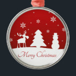 Adorno Metálico Snowman, reno de árbol de Navidad<br><div class="desc">Moderno y minimalista ilustracion de Navidades simples con siluetas blancas de reno,  árbol,  muñeco de nieve y copos de nieve con Feliz Navidad con fondo rojo.</div>