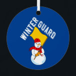 Adorno Metálico Snowman Winter Guard<br><div class="desc">El texto de la Guardia de Invierno con un muñeco de nieve con una bandera y una bufanda con banderas es un humorístico diseño de guardia para los miembros de la guardia de invierno y de colorguard en cumpleaños y vacaciones</div>
