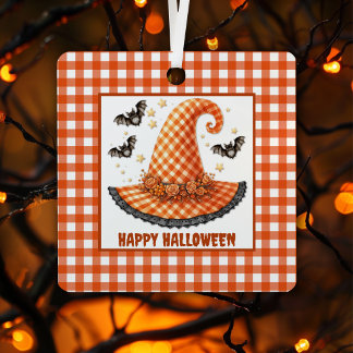 Adorno Metálico Sombrero de Bruja de Cuadros Naranja de Halloween