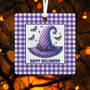 Adorno Metálico Sombrero de Bruja de Halloween de Gingham Morado y