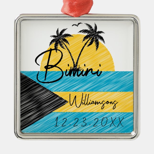 Adorno Metálico Souvenirs Bimini Bahamas Flag Palm Tree Sunset (Frente)