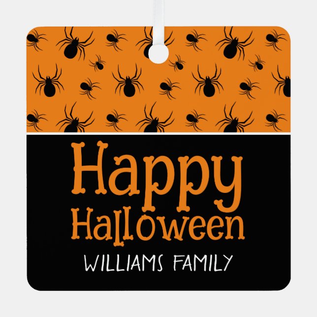 Adorno Metálico Spiders Happy Halloween Black Naranja Custom name (Anverso)