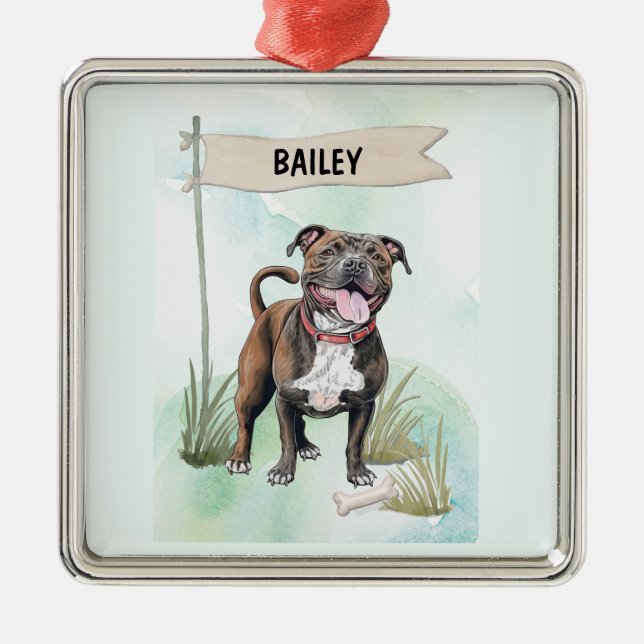 Adorno Metálico Staffordshire Bull Terrier Watercolor Personalized (Frente)