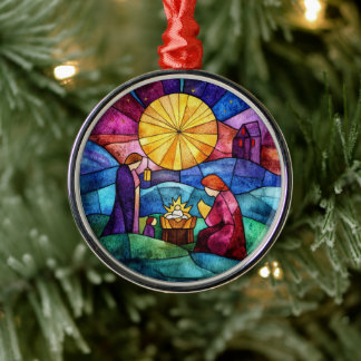 Adorno Metálico Stained Glass Nativity Scene Christmas Ornament