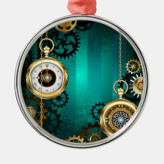 Adorno Metálico Steampunk Jewelry Watch sobre un fondo verde (Frente)